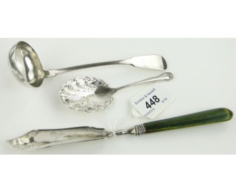 Silver toddy ladle Edinburgh 1803,
silver butter knife with stained ivory handle London 1800 and an ornate silver caddy spoon