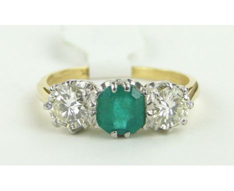 18ct 3 stone emerald and diamond ring, setting width 18mm, size N.