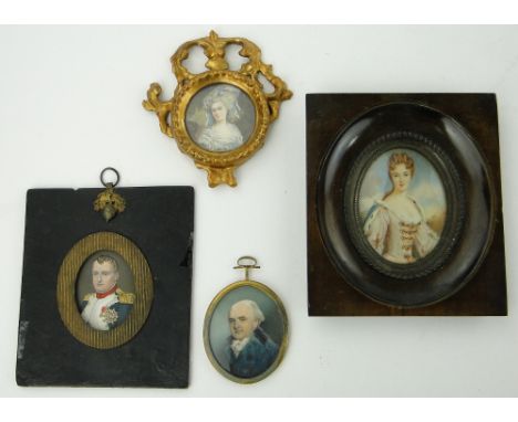 Circular portrait of a Gainsborough lady in Florentine frame,
4.25" and 3 other painted portrait miniatures, (4).