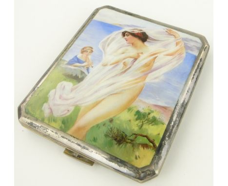 A Continental silver and enamel cigarette case circa 1900,
the cover having hand painted enamel design depicting a naked maid