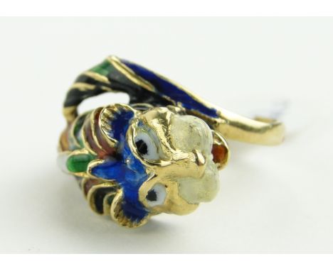 A Chinese 14ct gold and coloured enamel dragon design ring, size O.