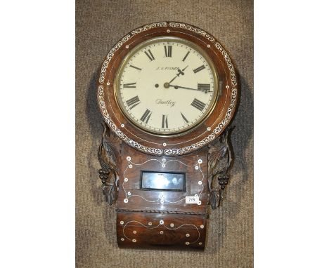 Victorian rosewood cased drop dial wall clock,
having a double fusee movement with enamel dial, dial marked J S Fisher Dudley