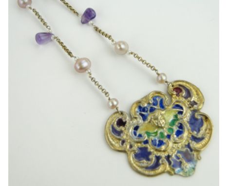 Silver gilt and coloured enamel pendant and chain,
mounted with pearls and amethysts.