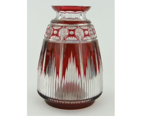 A heavy ruby overlay cut-glass vase,
 height 11.25".