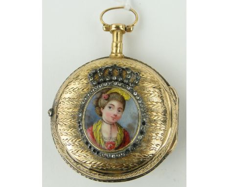 An 18th century Swiss gold and enamel cased fob watch,
by Baumier of Geneva, the rear cover depicting a portrait of a woman i