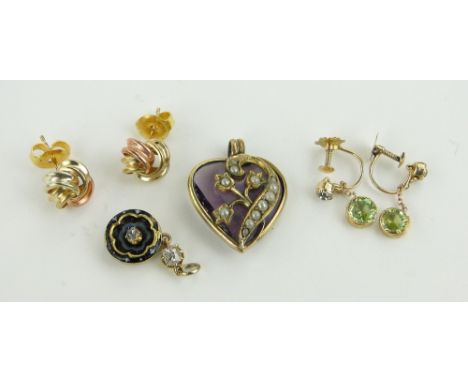 Box of various jewellery
including a diamond and enamel pendant, an amethyst and pearl heart shaped pendant, etc.