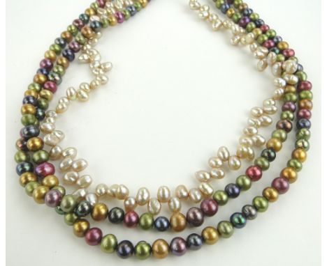 A triple strand coloured cultured pearl necklace.