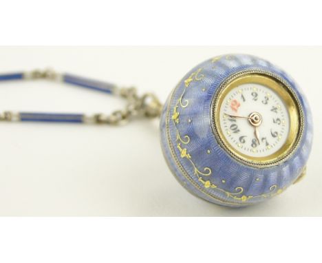 A miniature Swiss silver and blue enamel cased ball shaped pendant watch,
case width 20mm, on silver and enamel chain.