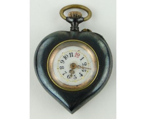 A Victorian gun metal cased heart shaped fob watch,
with enamel dial, case width 30mm.