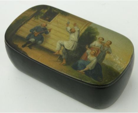 A Russian lacquer snuff box
decorated with musicians and dancers, signed Intemon, length 3.5".