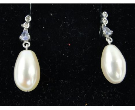 Pair of pearl, diamond and blue stone pendant earrings, length 25mm.