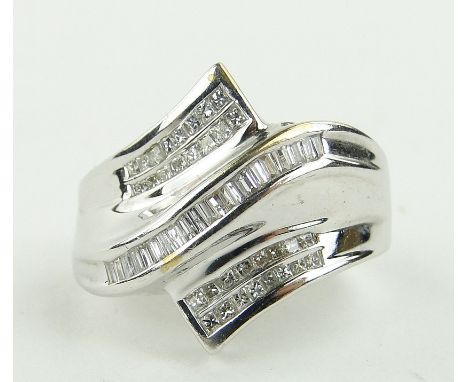 10ct white gold diamond crossover ring, size N.