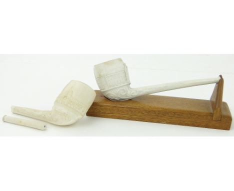 A Crystal Palace Exhibition mauchlinware pipe,
7.5" on stand and another Commemorative pipe, (2).