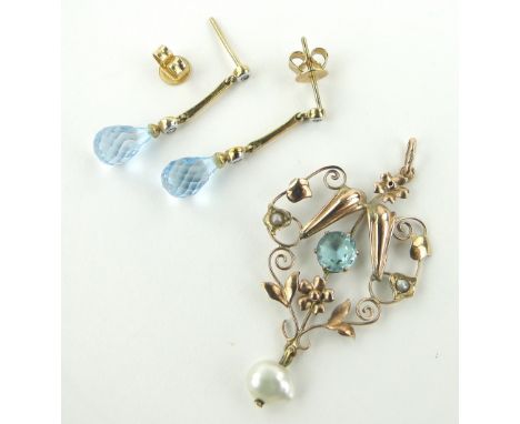 9ct gold open work pendant,
set with blue stone and pearl and a pair of gold blue stone set pendant earrings.