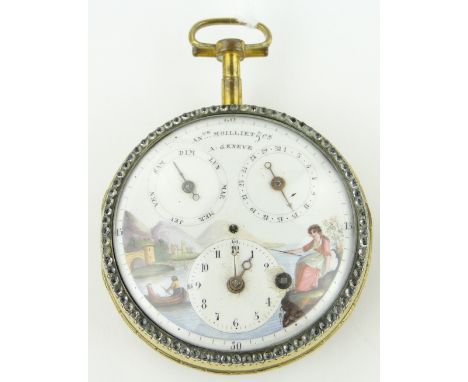 An ornate 18/19th century Swiss enamel pair cased pocket watch,
by Moilliet of Geneva, the enamel dial having secondary day/d