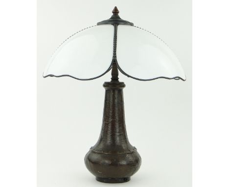 Arts & crafts style copper patinated table lamp
with white glass shade by Christopher Wray, height 22.25".