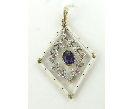 Unmarked gold lozenge shaped pendant
set with amethyst, diamonds and enamel, length excluding bale 35mm.
