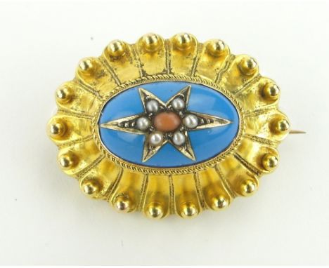 Victorian unmarked gold oval brooch
set with turquoise enamel and pearls, with hair pocket back, width 35mm.