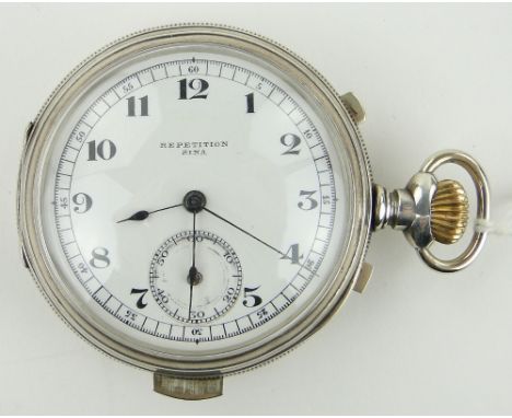 An Elgin sterling silver cased minute repeat pocket watch,
the enamel dial signed "Repetition Sina," case width 52mm.