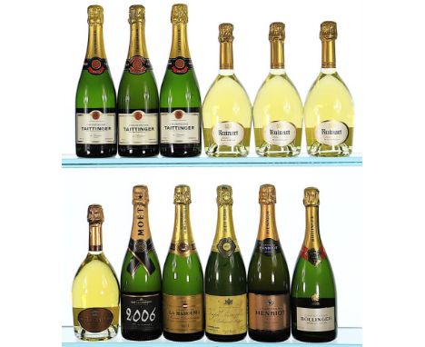2006 Moet & Chandon, Grand Vintage Label creased. 1x75cl NV Taittinger, Brut 3x75cl NV Ruinart, Blanc de Blancs 3x75cl NV Rui
