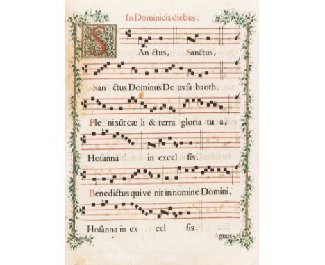 Music.- Four 18th century antiphonal folio leaves with manuscript borders, and large decorative initials, printed recto and v