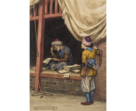 Middle East.- Original illustration.- Ault (Norman) "Abdulrahman was pouring over a bundle of papers"; Through the rugged gor