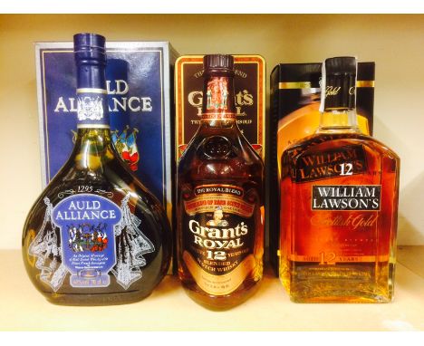 AULD ALLIANCE 
A marriage of Malt Scotch Whisky with French Armagnac. 70cl, 40% volume, in carton.
GRANT'S ROYAL 12 YEARS OLD