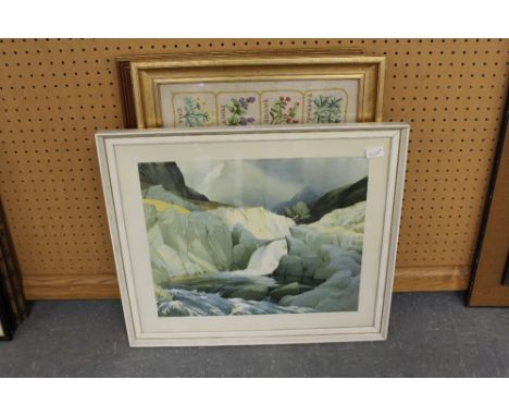 Heaton Cooper print, embroidered text & village scene watercolour
