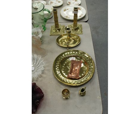 Pair of brass candlesticks, chamber stick etc