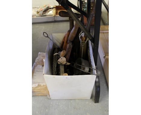 Box of vintage tools, slate cutter etc