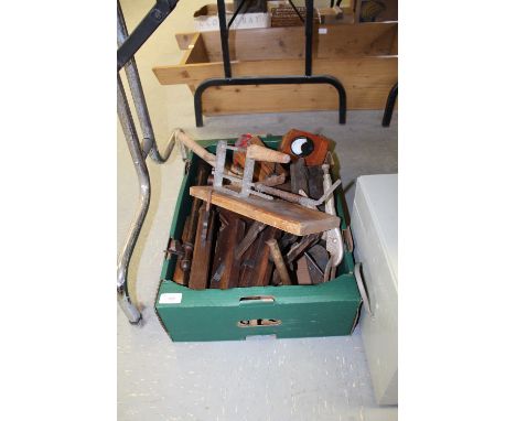 Box of wooden tools etc