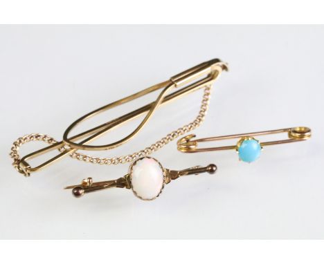 Two antique brooches to include an opal bar brooch and a turquoise safety pin brooch (both unmarked but assessed as gold) and