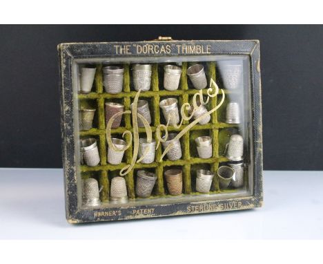 Charles Horner Dorcas Victorian thimble shop display thimble stand together with a collection of assorted thimbles including 