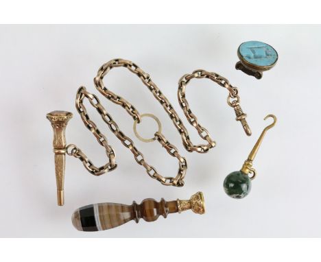 Victorian gold plated pencil fob with armorial stone set to top, a banded agate seal with right facing male intaglio, partial