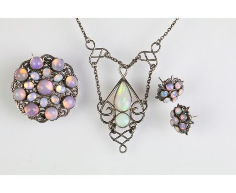 Collection of opal set jewellery to include a pendant necklace set with open work detailing (unmarked), together with a pair 