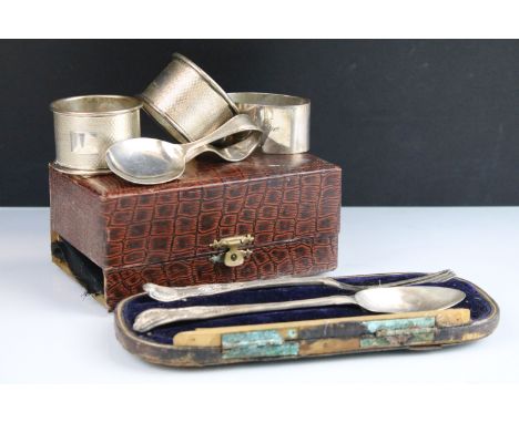 Collection of antique silver hallmarked items to include a Victorian fork and spoon set (hallmarked London 1866), feeding spo