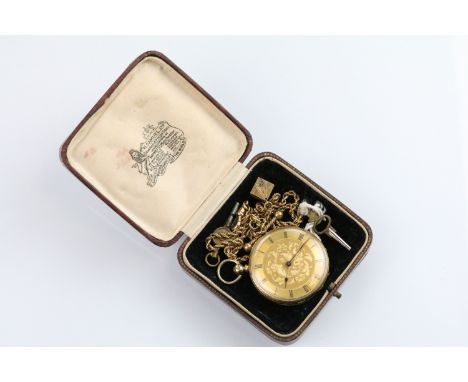 18ct gold open faced pocket watch having roman numerals to the chapter ring with foliate engraved details and engine turned c