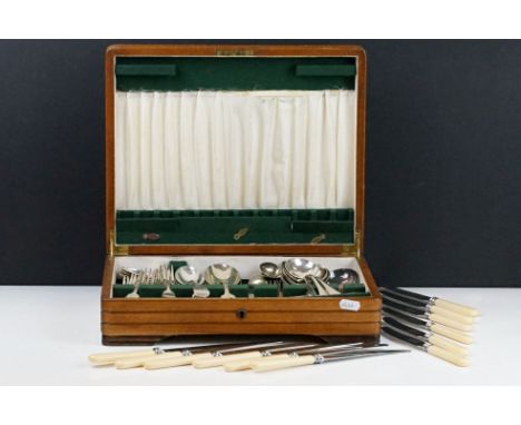 Wooden cutlery canteen containing silver and silver plated flatware. Silver flatware hallmarked with makers marks for John Ro