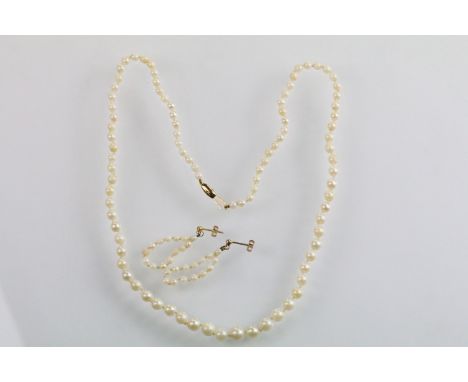 Cultured pearl beaded necklace with a 9ct gold clasp together with a pair of matching pearl drop earrings with 9ct gold posts