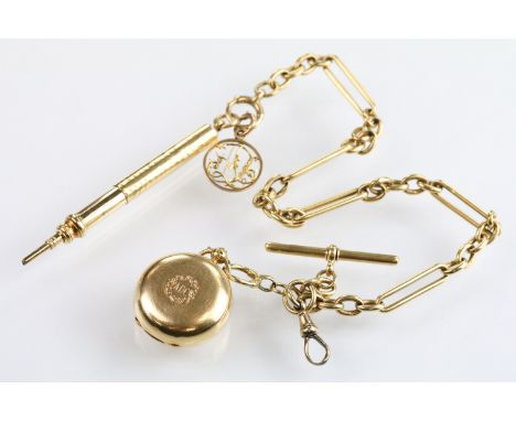 18ct gold figaro link pocket watch chain complete with T bar and spring ring clasp, mounted with an 18ct gold sovereign case,