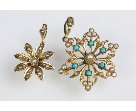 Two early 20th Century floral pendants to include a turquoise and pearl set example, and a pearl example. The smaller hallmar