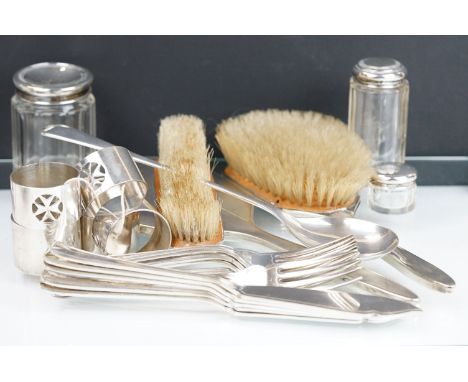 Silver hallmarked dressing table set including mirror, hair brush and clothes brush with engine turned decoration (hallmarked