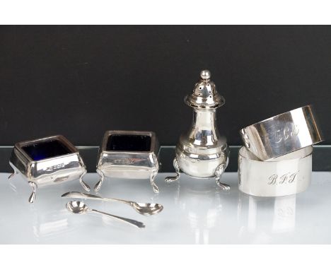 Selection of silver cruets to include a pair of square shaped table salts (hallmarked Birmingham 1923, T Wilkinson &amp; Sons