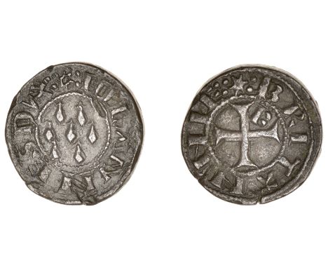 France, BRITTANY, Jean IV (1345-99), Piedfort Denier, Quimperlé (?), mm. star, :iohannes dvx :, seven ermines, rev. : britann