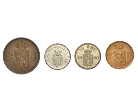 Norway, Oscar II, 10 Øre (2), 1880, 1899 (NM 83, 93; KM. 350); 2 Øre, 1889 (NM 105; KM. 353); Øre, 1891 (NM 117; KM. 352) [4]