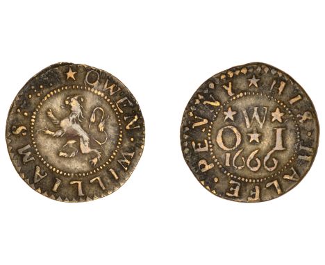 17th Century Tokens, WALES, unlocalised, Owen Williams, Halfpenny, 1666, 1.31g/12h (Boon 130a; N –; BW. 92). Very fine and ve