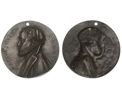 AUSTRIA, Empress Maria, 1575, a uniface cast bronze medal by A. Abondio, bust left in cape and ruff, 58mm (cf. Domanig 102). 