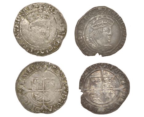 Henry VIII, Second coinage, Groat, mm. arrow, bust D, 2.64g/9h; Posthumous coinage, Groat, Tower, mm. lis, bust 4, Roman lett