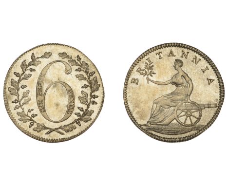 Not Local: British, Westwood’s Sixpence, 1811, value in wreath, rev. Britannia seated left on cannon, top leaf between r and 