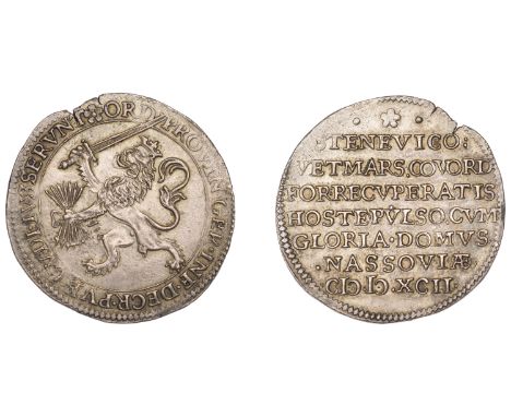 NETHERLANDS, Capture of Steenwijk, Ootmarsum and Coevorden by Maurice of Nassau, 1592, a silver jeton, lion rampant left with